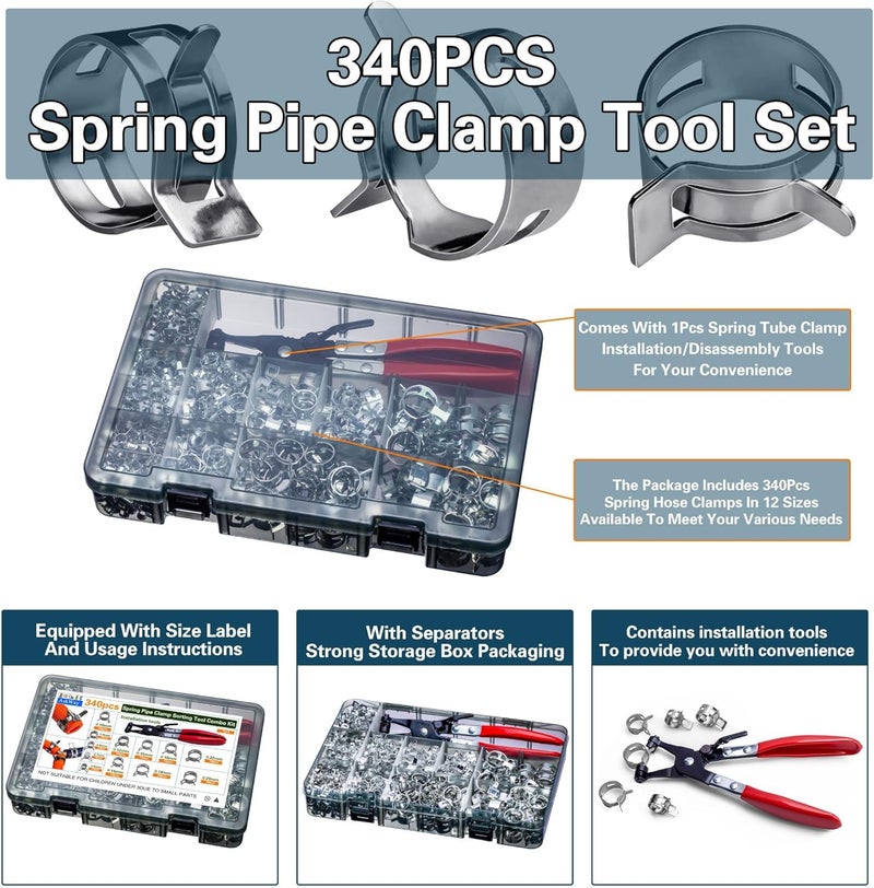 AskWay Spring Pipe Clamps340PCS, With Spring Pipe Clamp Tools, 12 Sizes 6-22mm Spring Hose Clamps, Used To Fix Hose Interfaces In Automotive, Marine, Gardening, Industrial Applications - Image 2